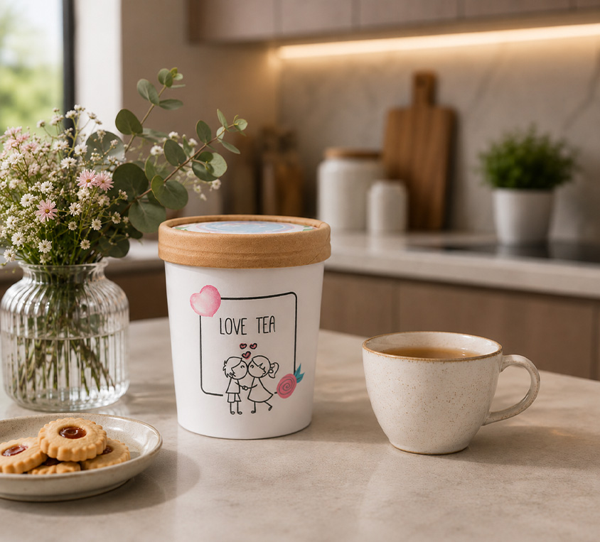 Love Tea Leo Tea w opakowaniu kubek tekturowy z walentynkowym nadrukiem